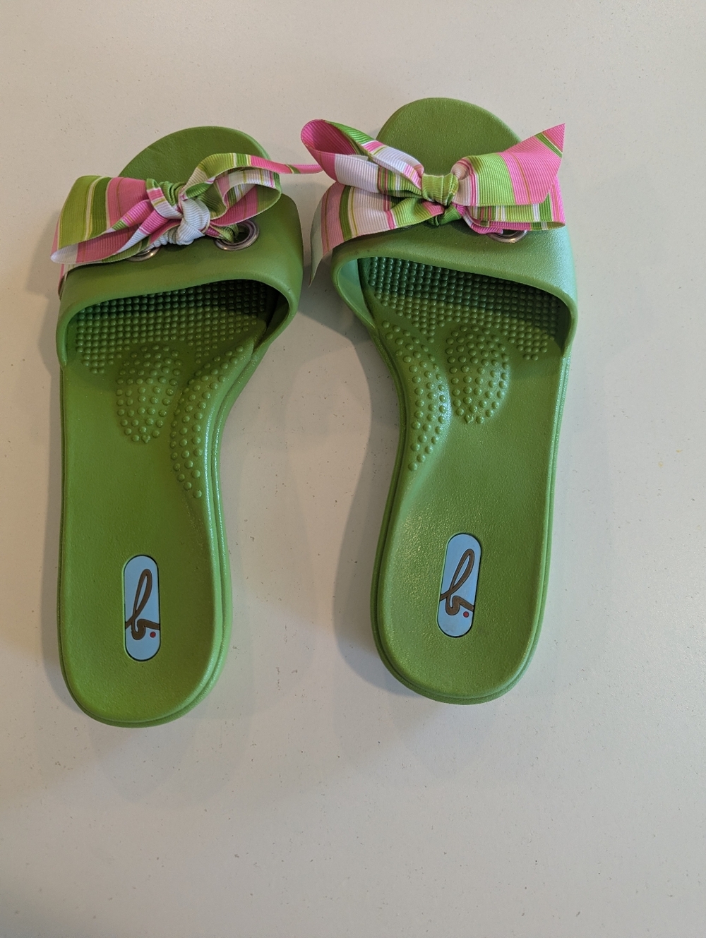 Oka B Slide Sandals Womens Medium Lime Green Striped Bow Slip On M3 Man Made USA